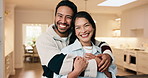 Face, couple and love in living room with hug, good mood and bonding together for happy relationship. People, dating and embrace in house with romantic connection, care and commitment to partner.