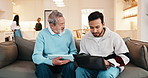 Senior, dad and adult son with technology in home for asset management, financial advice or help. Elderly, father and man with laptop or tablet on sofa for finance assistance or online navigation
