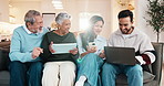 Family, laugh and bonding with tech in lounge, happy couple and watching videos with senior parents. Generations, smile and funny series on laptop, flare and conversation with old people in house