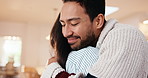 Couple, smile and hug in home with care, relationship commitment and bonding together for wellness. Flare, happy people and dating in house with embrace, appreciation and love for romantic partner.