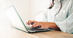 Hybrid, typing and woman on laptop in home for planning, research and online review for copywriting. Hands, wfh freelancer and person on computer for website content, blog and article for remote work