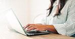Home, typing and woman on laptop to start with project, research and online review for copywriting. Hands, freelancer and person open computer for website content, blog and article for remote work