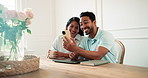 Happy, couple and video call in home with phone, online communication and wave together for goodbye. People, dating and greeting in house with tech, discussion or internet network for virtual meeting