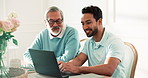 Laptop, man and senior father in home for help with taxes, pension advice and utility savings. Computer, adult son and elderly parent with rebate, annuity assistance and hug with happy Asian family