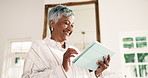 Smile, woman and remote work at house with tablet, research and source consent for story submission. Thinking, mature person and freelancer in home with tech, editing grammar and publication approval