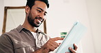 Smile, man and remote work in home with tablet, research and source consent of story submission. Thinking, male person and freelancer in lounge with digital, editing grammar and publication approval