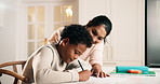 Mom, child and writing in house with homework, teaching knowledge or discussion for answer on quiz. Woman, son and talk in family home with school task, education and taking notes for assignment.