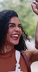 Excited, woman and student at campus with high five, greeting and interaction for education. Smile, person and walk outdoor with hand gesture, acceptance and welcome classmate for learning at college