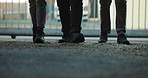 Ground, legs and people outdoor with warehouse, walking and inspection with teamwork for storage. Team, depot gate and quality assurance for supply chain, logistics and collaboration for production