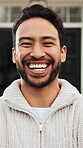 Wellness, face or man outdoor with laugh, fresh air or positive attitude on weekend break. Wellbeing, chill or person in front yard with joke reaction, happy moment or unwind satisfaction on day off.