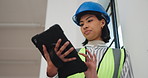 Construction site, engineering and woman with tablet for schedule, renovation and inspection. Person, architecture and employee with urban development, online connection and tech for building plan