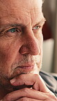 Retirement, decision and old man on break in home, thinking and contemplating past memories or idea. Future, reflection and senior person with thoughts, nostalgia and remembering choice in house