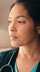 Woman, medical and nurse thinking in clinic for diagnostic challenge, clinical insight or serious. Stethoscope, mature worker or contemplating for treatment plan, health decision and problem solving