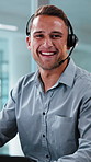 Consultant, face and man with headset in call center for insurance advice, online help or about us. Friendly, finance agent or laugh with mic for inbound assistance, policy update or customer service
