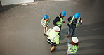Above, team and excited on construction site for dance, repairs or renovation with space. Celebration, people and civil engineers for maintenance group, remodeling or property development success