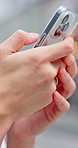Person, hands and typing with phone in city for research, online connection or outdoor network. User, texting or website with smartphone, internet service or app for virtual chatting in an urban town