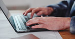 Hands, man and architect in office with laptop, research and permit application for architecture. Person, typing and blueprint in workplace with tech, client proposal and cost survey for development