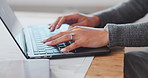 Hands, architect and typing in office with laptop, research and permit application for architecture. Woman, email and blueprint in workplace with tech, client proposal and cost survey for development