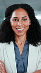 Face, business and woman in office with smile, career pride and about us for finance trading. Portrait, person or investor in workplace with arms crossed, ambition and crypto for financial investment