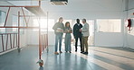 Teamwork, inspection and construction workers on site for planning repairs, maintenance or building. Scaffolding, discussion and civil engineers with contractor for property development by flare.
