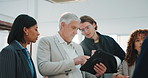 Group, architect and planning with tablet for meeting, property development or construction. Tech, people and discussion in office for real estate project, building restoration or problem solving