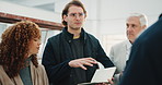 Architecture, team and talk in building with notebook, advice or guidance for renovation schedule. Architect, people and discussion on construction site with planner, project manager or agenda update