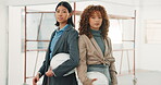 Face, team and serious with helmet for construction, building renovation or code compliance. Engineering consultants, women in STEM and confident with PPE for site visit, remodeling project or safety