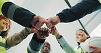 Happy, architect and team with fist bump for building success, construction or mission together. Low angle, people or group of contractors with touch or smile in huddle for unity or agreement on site