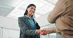 Meeting, introduction or happy woman with handshake in office for agreement, b2b deal or onboarding. Female person, employee or shaking hands with smile for job, business partnership or career hiring