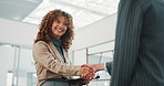 Meeting, tablet or happy woman with handshake in office for agreement, b2b deal or onboarding. Female person, employee or shaking hands with smile for job introduction, business partnership or hiring