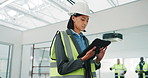 Tablet, engineer and woman in office for construction development, renovation schedule or update. Maintenance, architect and person with tech for building upgrade, quality assurance or design review
