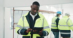 Man, architect and inspection with tablet in building for construction plan, design or strategy. Male person, civil engineer or security with technology for architecture maintenance or development