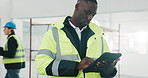 Tablet, engineer and man in office for construction development, renovation schedule or update. Maintenance, architect and person with tech for building compliance, quality assurance or design review