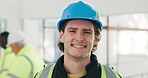 Face, engineer or happy man at office for construction, infrastructure development or laugh with ppe. Portrait, smile and funny contractor with safety helmet, building architect and career ambition