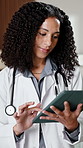 Doctor, thinking and woman with tablet in hospital, smile and review test results on app or research. Clinic, medical professional and happy person with tech, reflection and reading health report