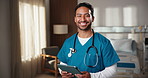 Face, nurse and happy man with tablet in hospital for medical research or healthcare service. Portrait, male person or doctor with smile or technology for health treatment, help or nursing clinic