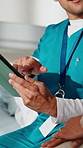 Hands, nurse and consulting person with tablet, test results and diagnosis for medical condition. Nursing, employee and patient in hospital with digital, checkup and evaluation survey for healthcare