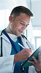 Doctor, research and man with tablet in clinic, smile and review test results on app and healthcare. Hospital, medical professional and happy person with tech, scroll and treatment plan on website