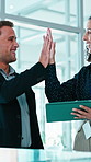 Team, high five and people with tablet in office, insurance advisor and review good news on website. Financial planning, collaboration and colleagues with tech, happy and celebration for success