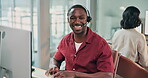 Face, man and happy with computer in callcenter for telemarketing, lead generation and telesales. Coworking, sales agent and smile at tech for cold calling, outbound representative, about us or pride