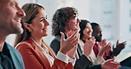 Success, happy or crowd at seminar with clap, achievement or celebration for business growth. Victory, people or employees at event with good news, group applause or motivation for company milestone.