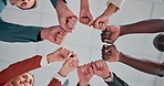 Hands, business and people in office with fist bump, good news and real estate success for celebration. Below, staff and team achievement for property deal, realtor motivation and auction milestone