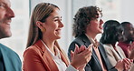 Success, happy or crowd at seminar with applause, achievement or celebration for business growth. Smile, people or employees at event with good news, group clap or motivation for company milestone.