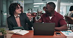 Business people, fist bump and team with report and laptop for intern in creative startup. Coworking, success or manager with tech for learning, celebration or event coordinator on tablet for notes
