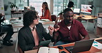 Business people, fist bump and team in training with laptop or intern in creative startup. Coworking, partnership and manager with tech for learning, planning or event coordinator on tablet for notes