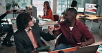 Business people, fist bump and team in discussion with laptop or intern in creative startup. Coworking, success or manager with tech for learning, celebration or event coordinator on tablet for notes