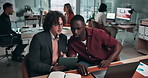 Business people, coaching and team in training with laptop and intern in creative startup. Coworking, discussion and manager with tech for learning, planning and event coordinator on tablet for notes