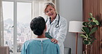 Doctor, support and woman with tablet in hospital, talking or explaining test results after surgery. Clinic, healthcare and mature person with tech for health report, happy and comfort for patient