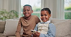 Happy, face and children on sofa with phone for online games, internet and relax on weekend. Family, portrait and African siblings on cellphone for bonding, connection and educational app in home