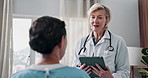 Doctor, checkup and woman in hospital with tablet, test results and diagnosis of medical condition. Surgeon, talking and patient in clinic with digital, telehealth and surgery progress for healthcare